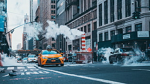 orange vehicle, New York City, taxi, smoke, street