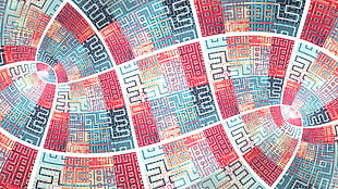 red, teal, and beige Greek key wallpaper, fractal, abstract, artwork, digital art HD wallpaper