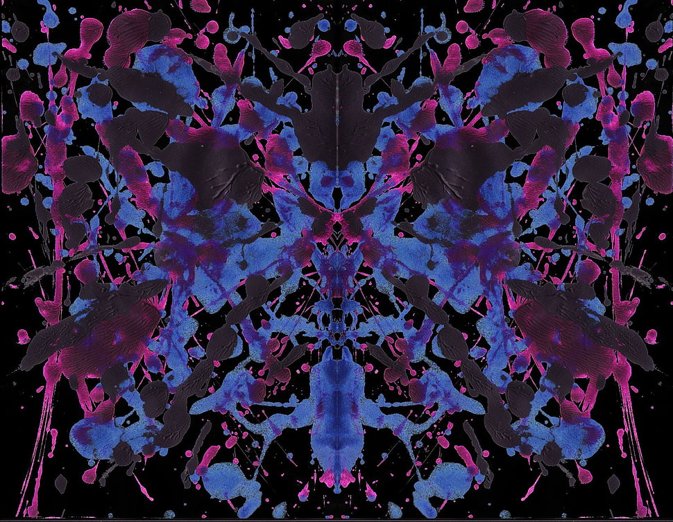 blue, pink, and purple abstract illustration, Rorschach test, paint splatter, ink, symmetry HD wallpaper
