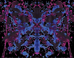 blue, pink, and purple abstract illustration, Rorschach test, paint splatter, ink, symmetry