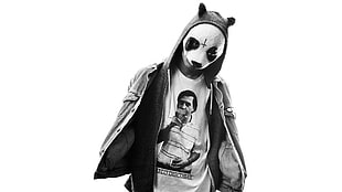person wearing panda mask, hoodie jacket and white crew-neck shirt in grayscale