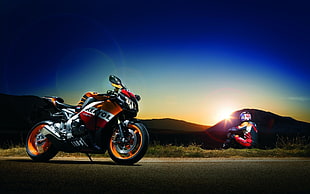 orange and white Repsol sports bike, motorcycle, motors, sunset, helmet