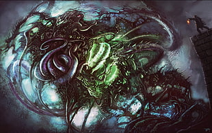 blue and green tentacle alien life-form wallpaper, H. P. Lovecraft, Dunwich , Dunwich Horror, digital art