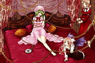 green-haired and pink-haired female anime characters on bed with chain bindings