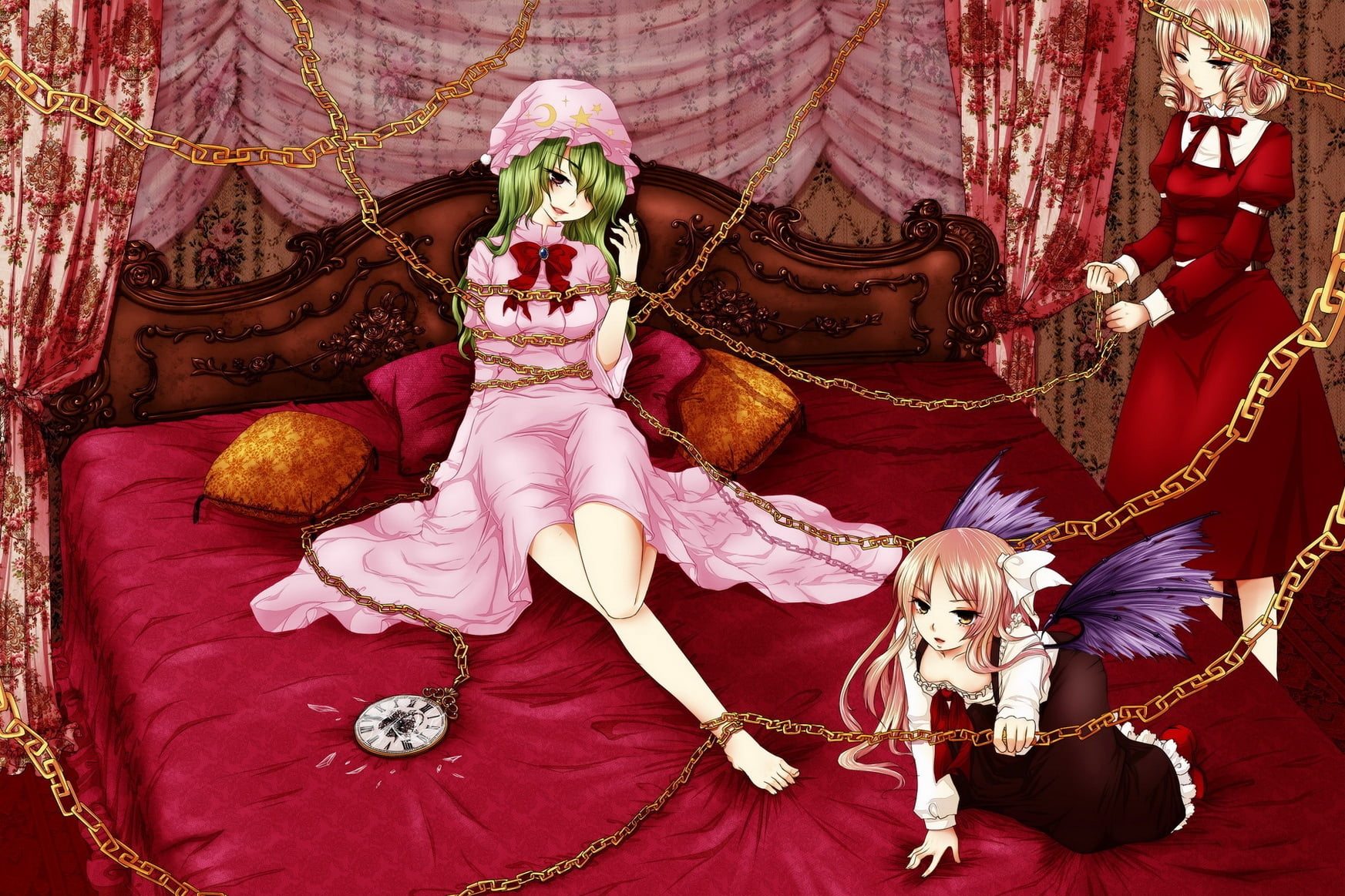 Green-haired and pink-haired female anime characters on bed with chain  bindings HD wallpaper | Wallpaper Flare