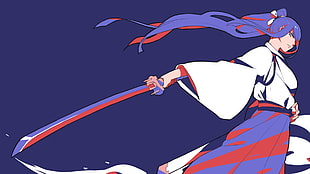 purple haired female holding sword anime character, manga