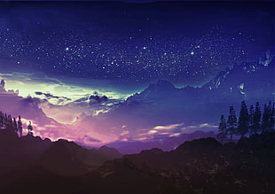 mountain and trees, night, blue, mountains, digital art