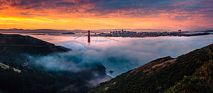 white and blue boat on body of water, bridge, mist, Golden Gate Bridge, San Francisco HD wallpaper