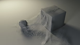 white spider web and gray box, cube, spiderwebs, photography, white