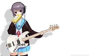 female anime character with electric guitar digital wallpaper, anime, Nagato Yuki, The Melancholy of Haruhi Suzumiya