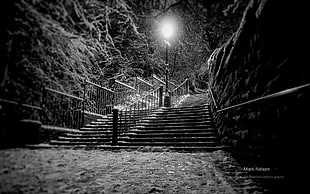 gray lamp post, night, winter, stairs, city