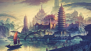 Pagoda beside body of water painting