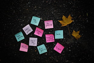 assorted colored printed sticky notes on black concrete floor