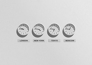 London, New York, Tokyo, and Moscow analog wall clocks