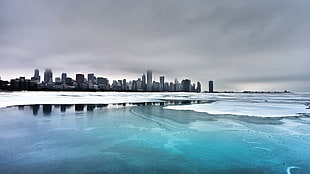 blue body of water, cityscape, ice, clouds, Chicago