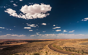white clouds and blue sky, road, desert, sky HD wallpaper