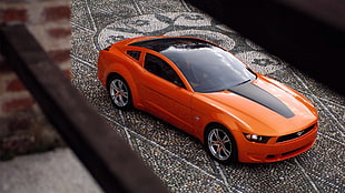 red and black car bed frame, Ford Mustang, car, orange, closeup