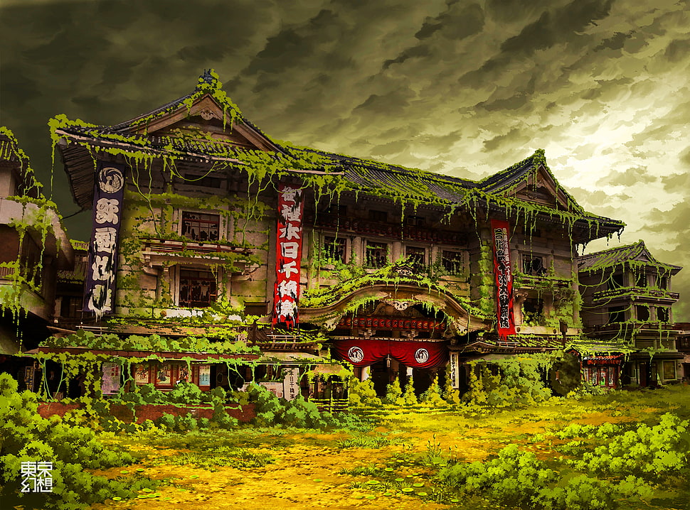 vintage green and red house illustration, Japanese, temple, overgrown HD wallpaper