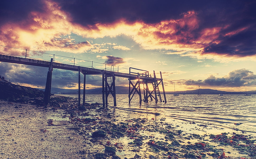 boardwalk on seashore, landscape, sea, sky, clouds HD wallpaper