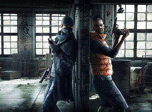 two man holding gun leaning on same wall HD wallpaper