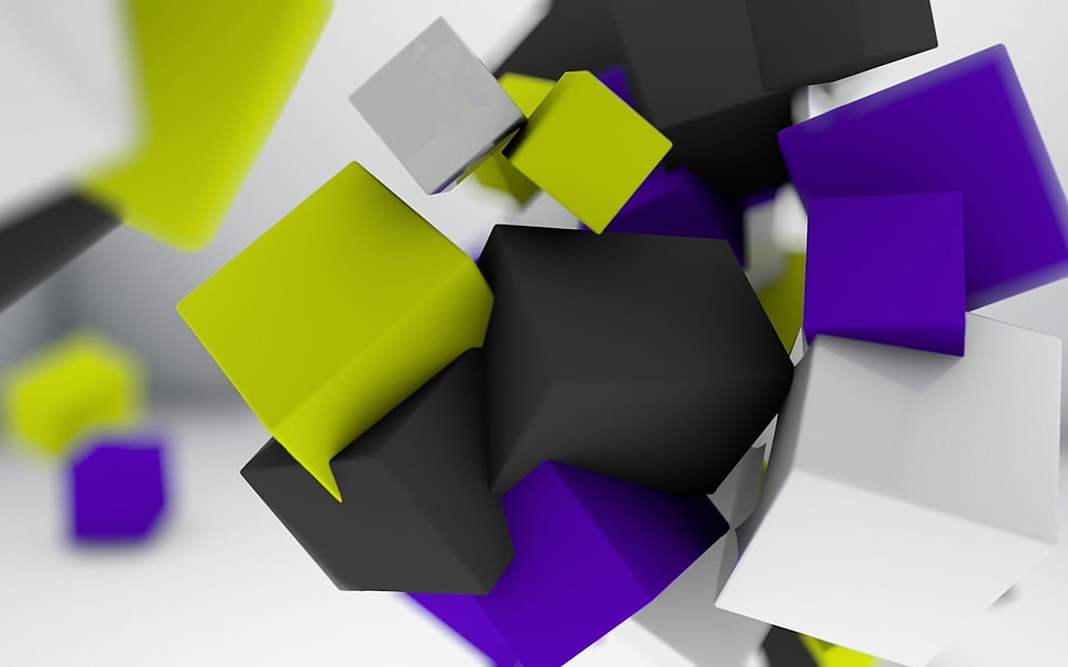 three purple, pink, and green throw pillows, abstract, cube HD wallpaper