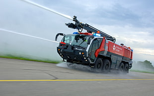 black, red, and white firetruck, Rosenbauer, fire fighter, fire fighting truck, Leipzig Airport