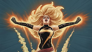 DC female character in black clothes with lightning logo