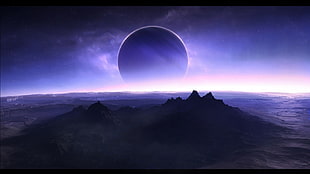 solar eclipse digital wallpaper, science fiction, planet, mountains