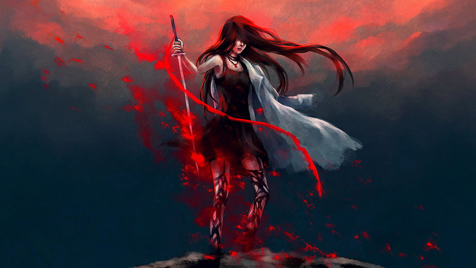 woman holding sword illustration, katana, women, artwork, digital art HD wallpaper
