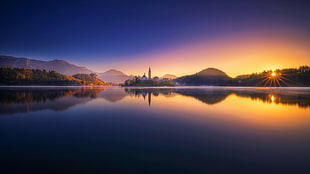 landscape photo of river, nature, lake, reflection, sunrise