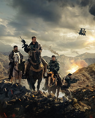 four men riding horse