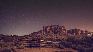 brown hill, desert, night, stars, rock