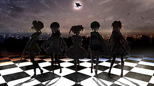 silhouette of five girls standing