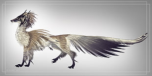black and white monster illustration, artwork, digital art, feathers, cat