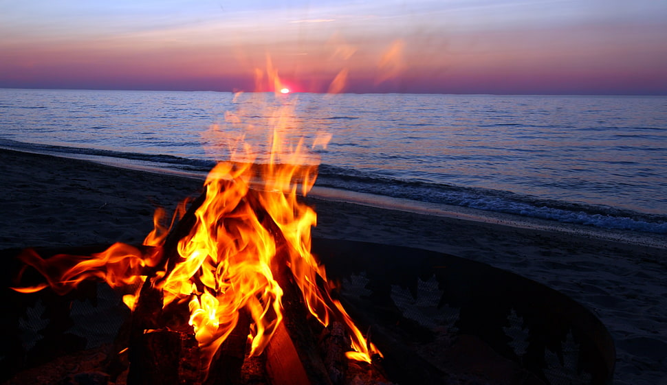 bonfire and sea, beach, fire, sky, water HD wallpaper
