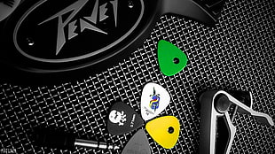 five assorted-color guitar picks, music, mediator, capodastre, amp