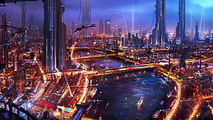 Cityscape poster, artwork, city, futuristic, painting