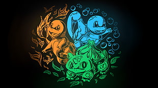 Pokemon's Squirtle, Bulbasaur, and Charmander illustration HD wallpaper