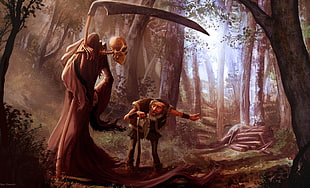 Grim Reaper and man searching the woods illustration