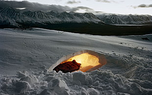 grayscale photography of snowfield with yellow light fixture under snow