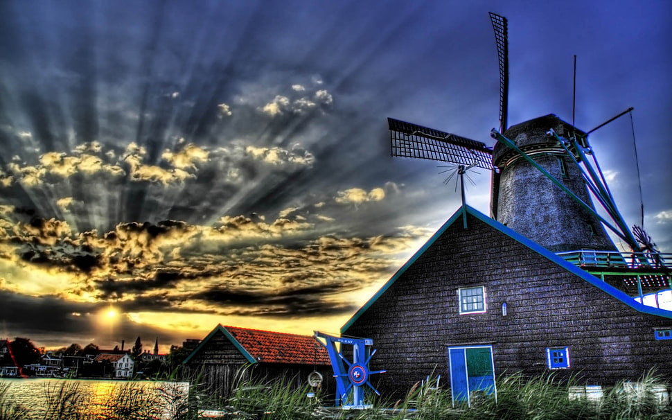 gray windmill on sunset high-saturated photography HD wallpaper