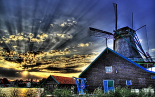 gray windmill on sunset high-saturated photography