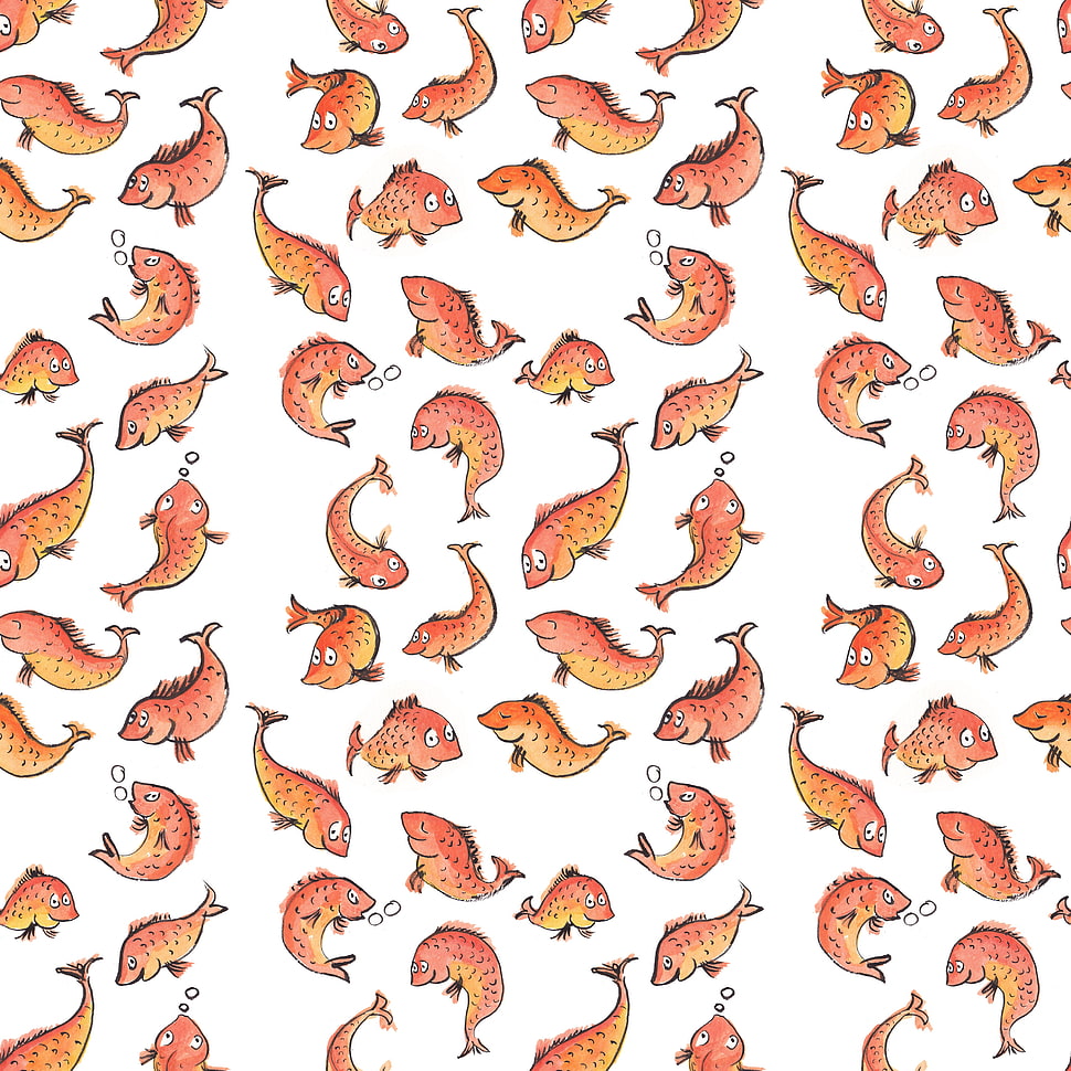 orange fishes illustration, fish, pattern, simple, yellow HD wallpaper