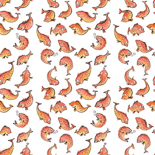 orange fishes illustration, fish, pattern, simple, yellow