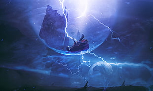 fantasy character illustration, space, falling, storm, fantasy art