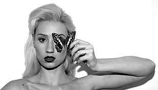 gray scale photo of woman covering her right eye with butterfly HD wallpaper