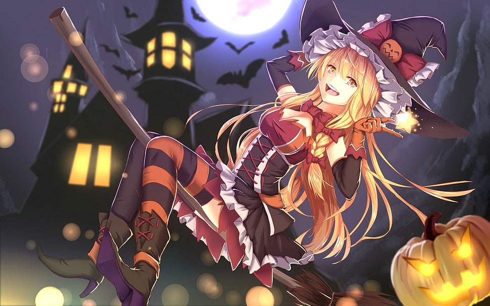anime character witch, Halloween, witch hat, pumpkin, witch HD wallpaper