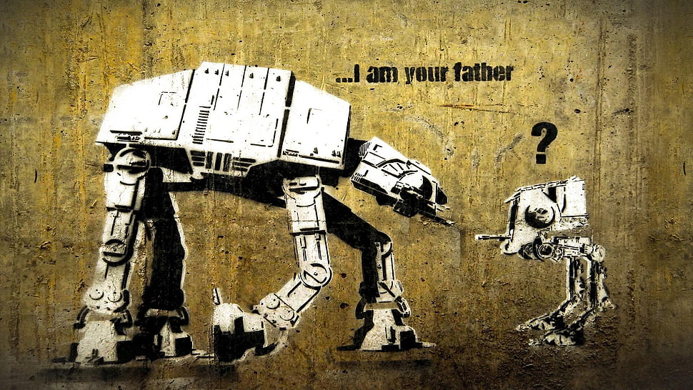 gray metal robot illustration with text overlay, Star Wars, humor HD wallpaper