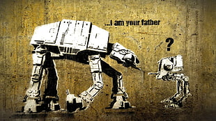 gray metal robot illustration with text overlay, Star Wars, humor