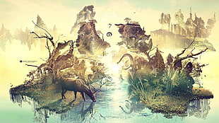 floating island illustration, digital art, lake, trees, mountains HD wallpaper